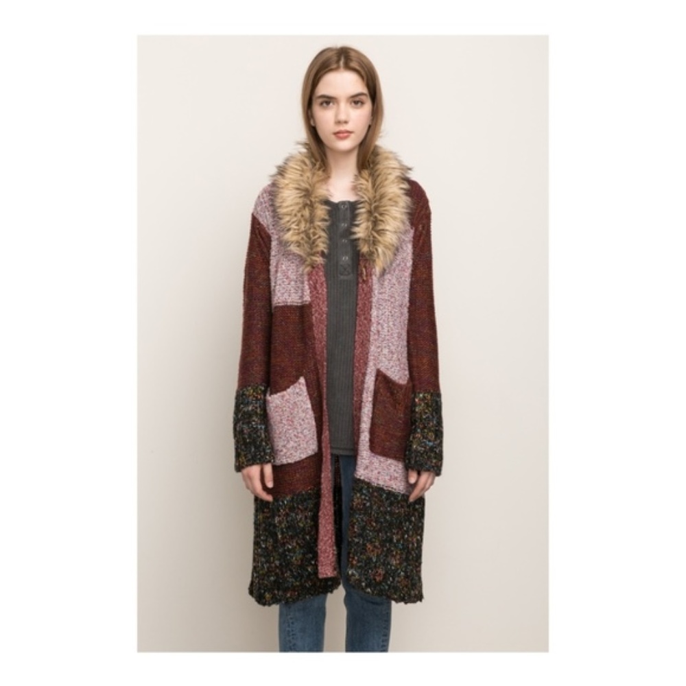 MYSTREE DETACHABLE FUR PATCH WORK LONG CARDIGAN